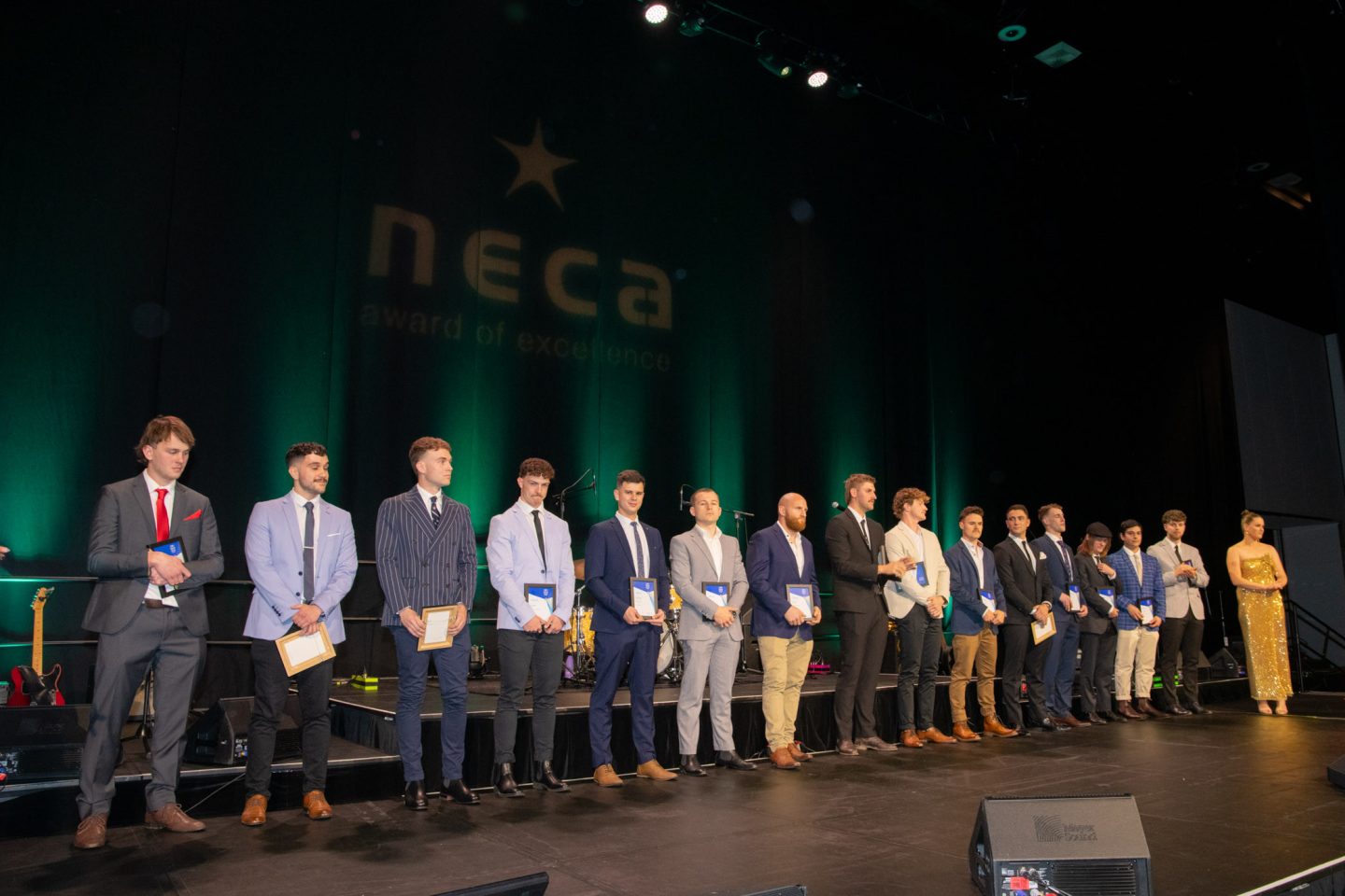 NECA award finalists electrical apprenticeships adelaide on stage